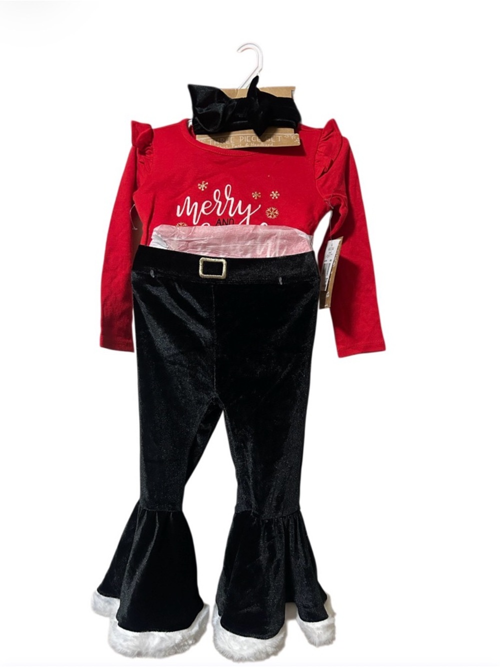 Kids Holiday Velvet Bell-Bottom Set with Headband - Red & Black